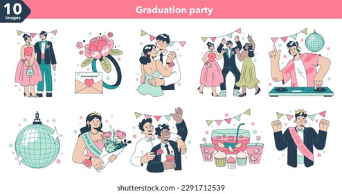 Graduación de secundaria o juego de prom. Balón de celebración o baile al final del año académico. Estudiantes felices con ropas formales divirtiéndose con compañeros de clase. Ilustración vectorial plana