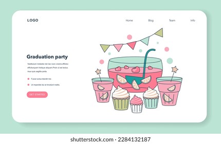 High school graduation or prom web banner or landing page. Celebration ball or dance at end of the academic year. Bowl of punch and sweets, graduation party atribute. Flat vector illustration