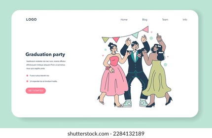 High school graduation or prom web banner or landing page. Celebration ball or dance at end of the academic year. Happy students in formal clothes having fun with classmates. Flat vector illustration