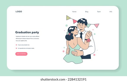 High school graduation or prom web banner or landing page. Celebration ball or dance at end of the academic year. Happy students in formal clothes having fun with classmates. Flat vector illustration