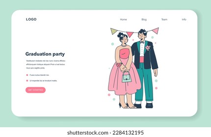 High school graduation or prom web banner or landing page. Celebration ball or dance at end of the academic year. Happy students in formal clothes having fun with classmates. Flat vector illustration