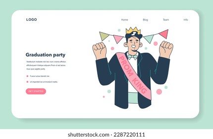 High school graduation or prom web banner or landing page. Celebration ball or dance at end of the academic year. Happy prom king in formal clothes having fun. Flat vector illustration