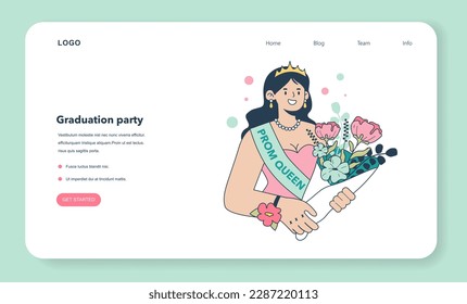 High school graduation or prom web banner or landing page. Celebration ball or dance at end of the academic year. Happy prom queen in formal trendy dress having fun. Flat vector illustration