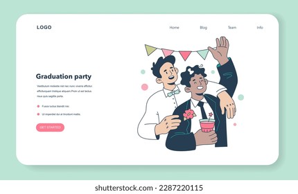 High school graduation or prom web banner or landing page. Celebration ball or dance at end of the academic year. Happy students in formal clothes having fun with classmates. Flat vector illustration