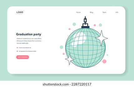 High school graduation or prom web banner or landing page. Celebration ball or dance at end of the academic year. Disco ball on a graduation party. Dancing party. Flat vector illustration