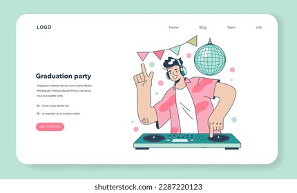 High school graduation or prom web banner or landing page. Celebration ball or dance at end of the academic year. DJ standing at turntable mixer make music in the club. Flat vector illustration