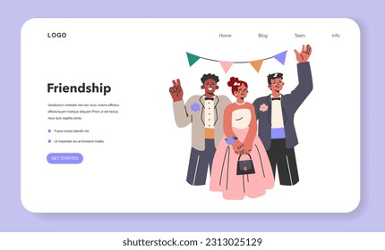 High school graduation or prom web banner or landing page. Celebration dance at the end of the academic year. Classmates in formal clothes having fun together. Flat vector illustration