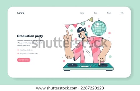 High school graduation or prom web banner or landing page. Celebration ball or dance at end of the academic year. DJ standing at turntable mixer make music in the club. Flat vector illustration
