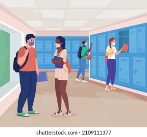 High School Hallway Flat Color Vector Illustration. Pupils On Class Break Talking In Hallway. Education During Pandemic. Students In Masks 2D Cartoon Characters With Lockers Row Corridor On Background