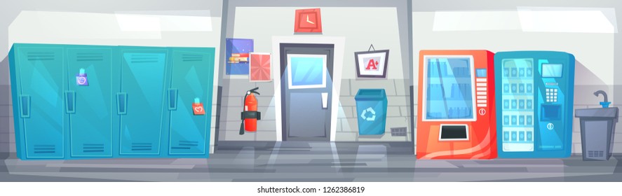 High School hallway interior banner with row of lockers and trash and fire extinguisher. Vector cartoon illustration