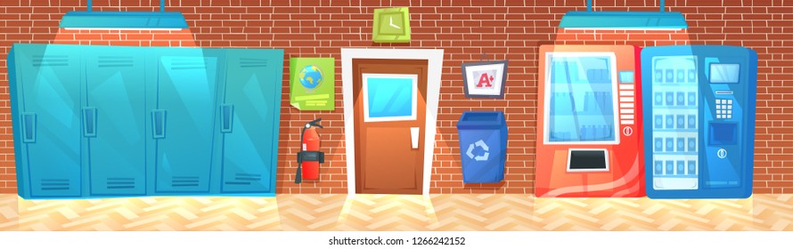 High School hallway interior banner with row of lockers and trash and fire extinguisher. Vector cartoon illustration 