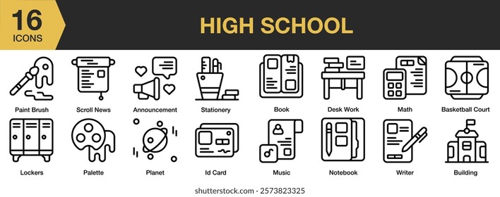 High School icon set. Includes education, student, learning, studying, school, high school, and More. Outline icons vector collection.