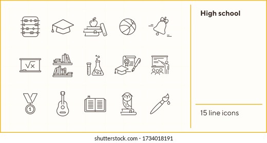 High school icons. Set of line icons. Abacus, medal, academic cap. Education concept. Vector illustration can be used for topics like study, schooling, knowledge