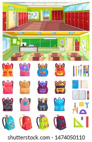 High school interior. Hall with lockers. Classrooms with chalkboard and desk. Set of colorful backpacks and supplies isolated vector illustration. Back to school concept. Flat cartoon