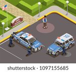 High school isometric people composition of outdoor police cordon with cars armed policemen and killer schoolboy vector illustration