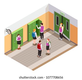 High school isometric people composition with human characters of students in hallway during time of break vector illustration