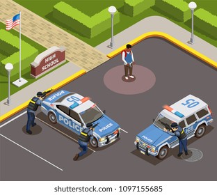 High school isometric people composition of outdoor police cordon with cars armed policemen and killer schoolboy vector illustration