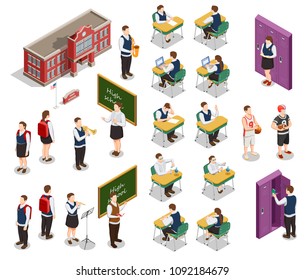 High school isometric people icons collection with human characters of teachers and students with school building vector illustration