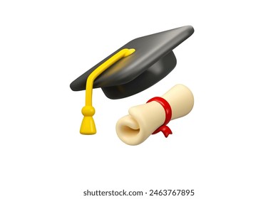 High school learning vector 3d icon. Graduate hat with diploma scroll and opened book, higher education promotion concept. Study online, academic degree symbol