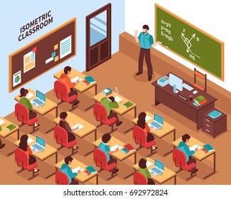High school lesson isometric poster with teacher at chalkboard and listening students at their desks vector illustration  