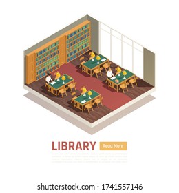 High School Library Interior And Students Reading Books 3d Isometric Vector Illustration