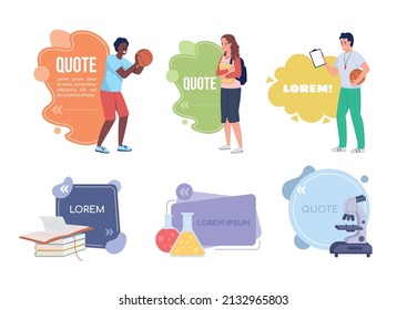High school life quote textbox with flat characters set. Students and equipment. Education. Speech bubbles with creative cartoon illustration. Color quotations isolated on white background