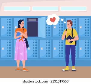 High School Love Flat Color Vector Illustration. Falling In Love With Each Other. Teen Students Feeling Affection. Teenagers 2D Simple Cartoon Characters With School Corridor On Background