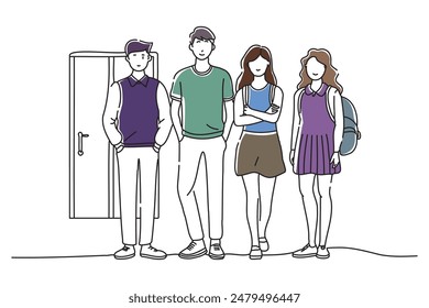 High school men and women frame, doodle continuous line art vector illustration