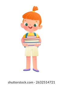 High school or middle school Caucasian Redhead Schoolgirl Holding a Stack of Books. Cute teenager student girl character carrying books. Children back to school vector illustration clip art