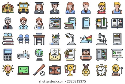 High school related icon set, filled style vector illustration