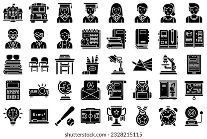 High school related icon set, solid style vector illustration