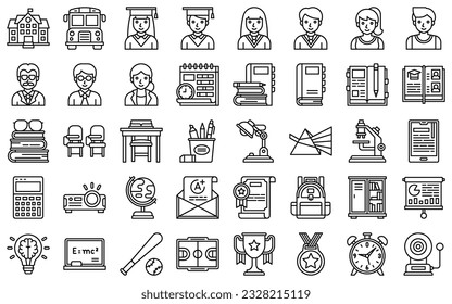 High school related icon set, line style vector illustration