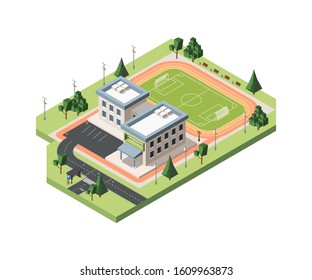 High school soccer field vector isometric illustration