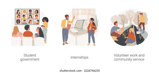 High school social activities isolated cartoon vector illustration set. Student government campaign, high school internship, practical study, volunteer work and community service vector cartoon.