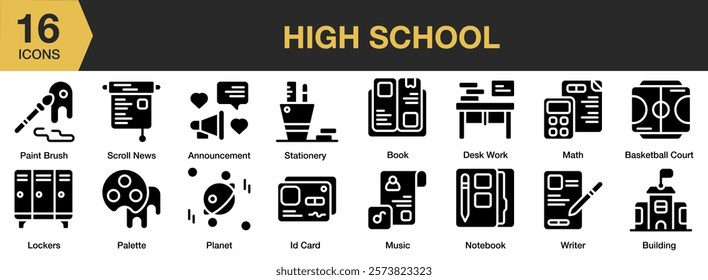 High School solid icon set. Includes education, student, learning, studying, school, high school, and More. Solid icons vector collection.