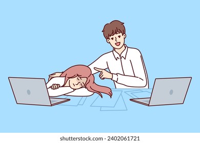 High school student boy sits at table with smile pointing at sleeping classmate girl in need of rest. Sleeping business woman is tired due to overload, located in office with cheerful male colleague