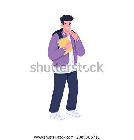 High school student portrait. Happy teenager pupil with book and bag. Young smiling schoolboy in modern casual outfit. Cheerful guy from college. Flat vector illustration isolated on white background