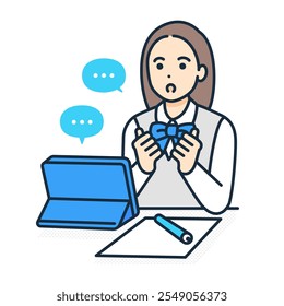 A high school student sitting at a desk and studying. A vector illustration of a girl taking an online class on a tablet.