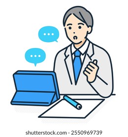 High school student sitting at desk studying. Vector illustration of a boy taking an online class on a tablet.