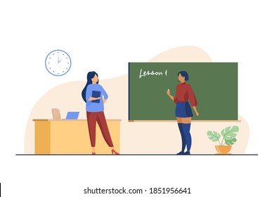 High school student standing at blackboard. Saying lesson, teacher, writing on chalkboard flat vector illustration. Class, education concept for banner, website design or landing web page