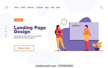 High school student standing at blackboard. Saying lesson, teacher, writing on chalkboard flat vector illustration. Class, education concept for banner, website design or landing web page
