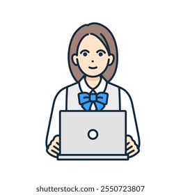 Um estudante do ensino médio estudando usando um PC em sua sala. Ilustração de uma menina estudando usando a Internet.