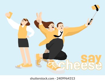 High school student taking a selfie, student taking a proof photo, say cheese