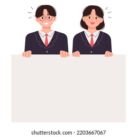 High school student in school uniform holding a large blank paper for text. SAT, high school concept person vector illustration.