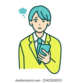 A high school student using a social networking service. Illustration of a boy who is having trouble and feeling anxious and bewildered.