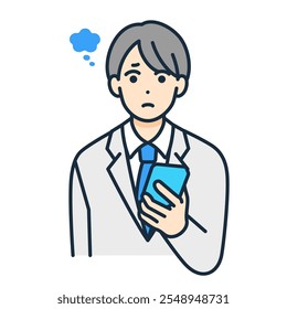 A high school student using a social networking service. Illustration of a boy who is having trouble and feeling anxious and bewildered.