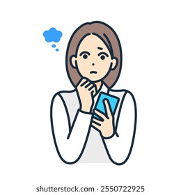 A high school student using a social networking service. Illustration of a girl who is having trouble and feeling anxious and bewildered.