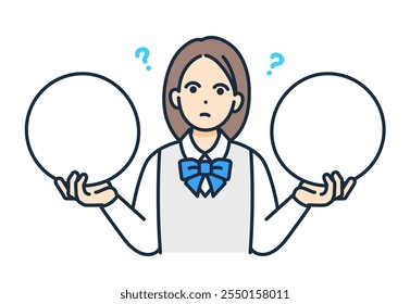 Un estudiante de secundaria con una chaqueta está pensando profundamente. Ilustración vectorial de una chica que está confundida sobre qué elegir.