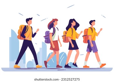 High school students with backpacks go to school. Schoolchildren with school backpacks go to school. A group of cheerful schoolchildren. vector illustration