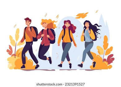 High school students with backpacks go to school. Schoolchildren with school backpacks go to school. A group of cheerful schoolchildren. vector illustration. 